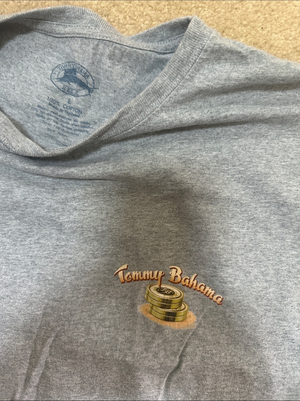 Tommy Bahama Men’s Light Gray Embroidered Coin-Stack Logo Tee